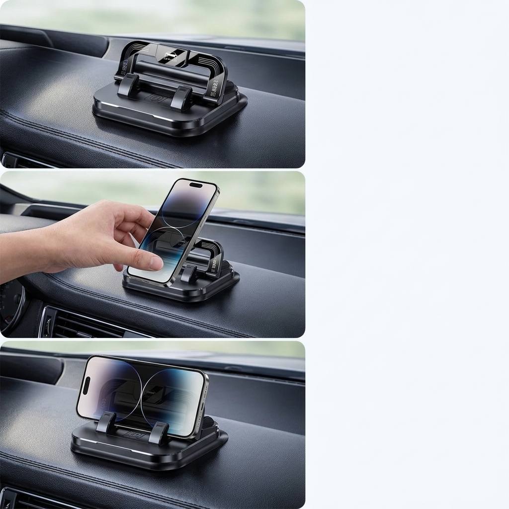 Three-step sequence showing a phone placed into the open Style B dashboard holder.