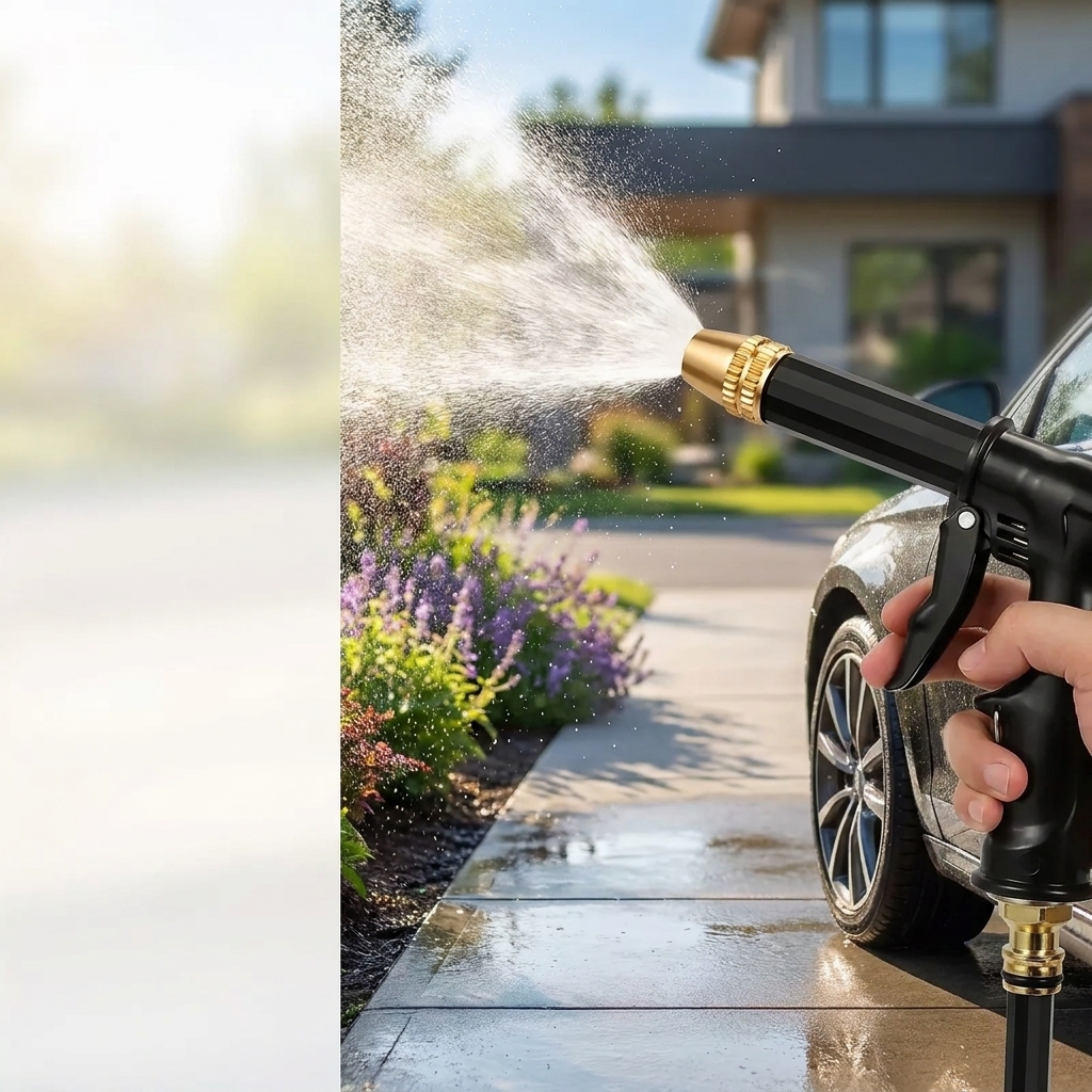 Adjustable black-and-gold nozzle presented between driveway and garden contexts.