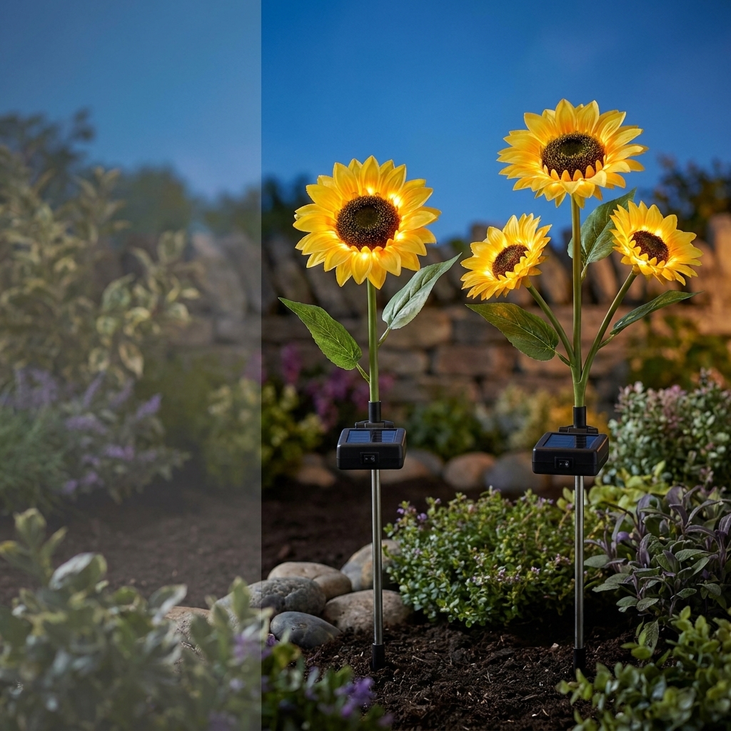 Single- and three-bloom sunflower solar lights glowing together in a garden border