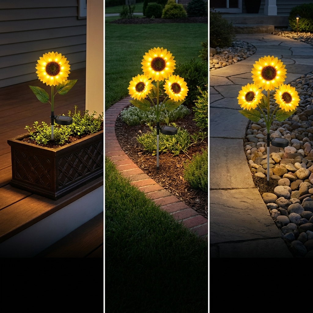 Sunflower solar stakes used near a porch planter, lawn border, and garden path