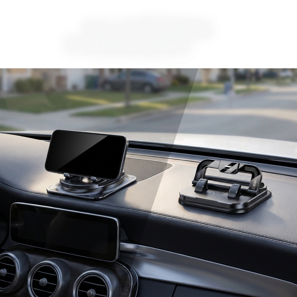 Two separate dashboard vignettes showing the confirmed holder styles raised and folded.