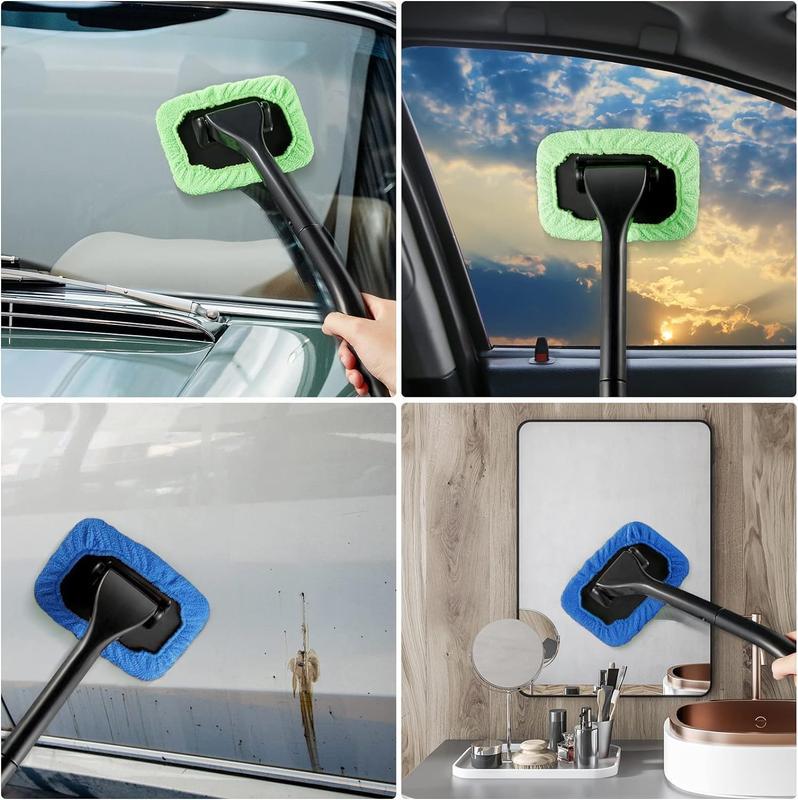1 piece windshield cleaning brush with 2 washable microfiber cleaning pads, fixed handle for cleaning hard-to-reach areas, suitable for indoor and outdoor use, reusable cleaning tool