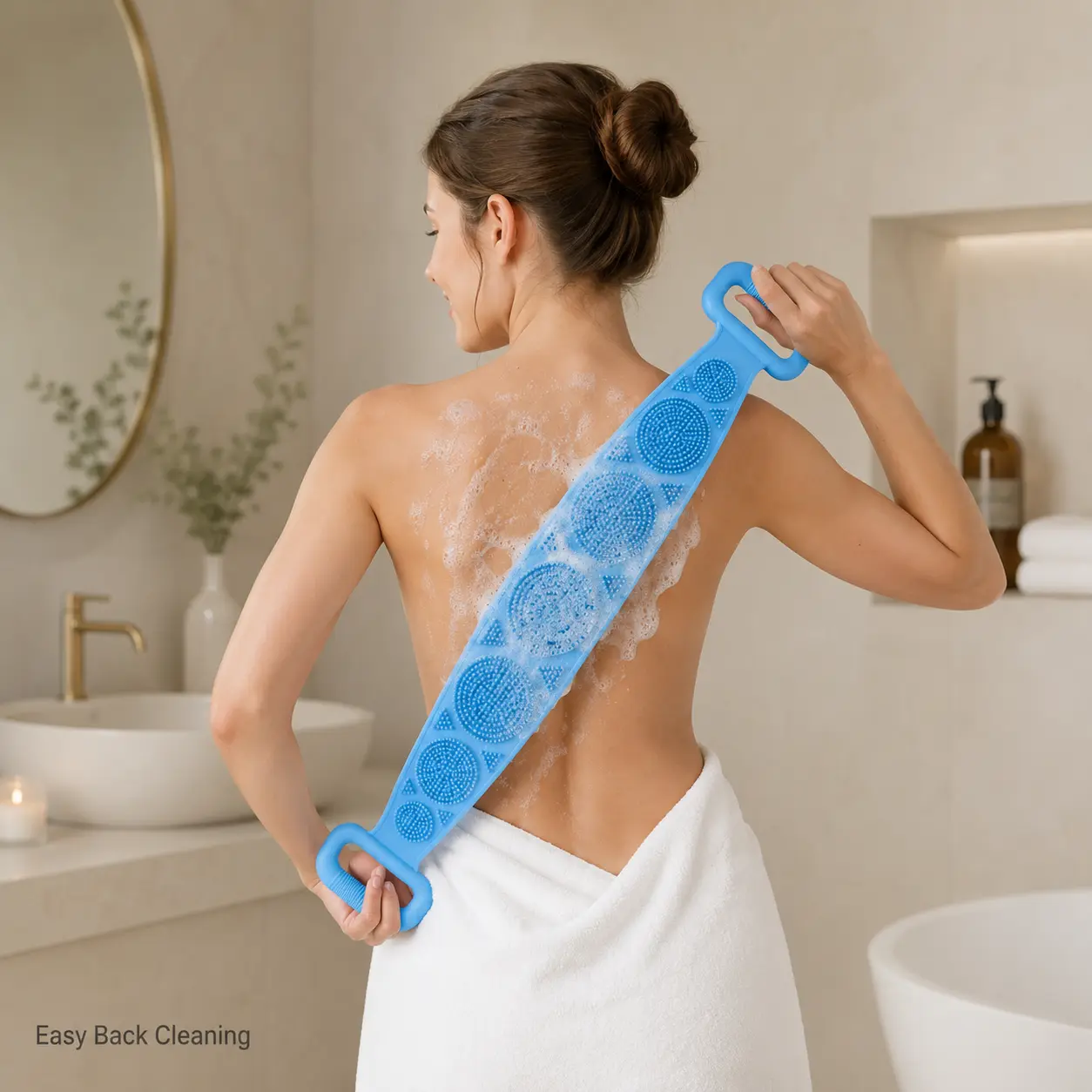 1PC Silicone Bath Brush Double Sided Exfoliating Back Scrubber Long Body Scrub Strap with Soft Bristles & Handles Shower Bath Tool for Back, Body Cleaning, At-Home Self Care
